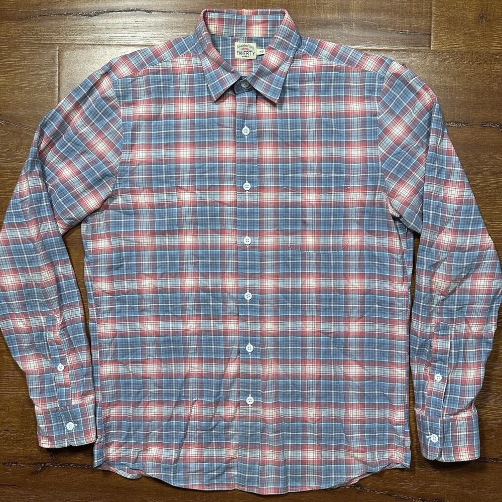 Faherty Button Up Shirt Mens M Blue Tartan Plaid Classic Fit Long Sleeve Preppy